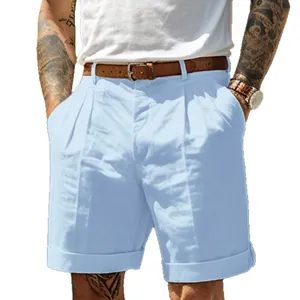 Classic breathable light blue pleated linen shorts for men's casual summer fashion
