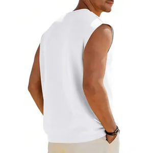 Back view of a white sleeveless cotton tank top for men showing a loose casual fit