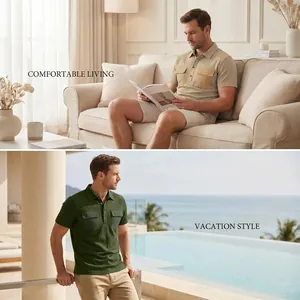 Casual men's jacquard polo shirt with utility pockets shown in indoor and vacation scenes