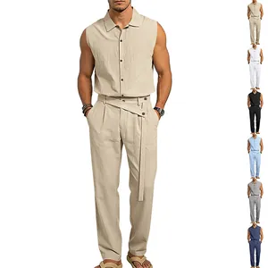 Conjunto de Camisa Sin Mangas y Pantalones de Lino Casual para Hombre Verano Transpirable Top And Bottom Tejido Color Sólido Atuendos de Moda Urbana
