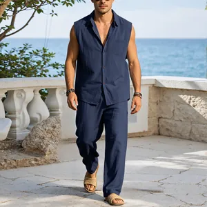 Two-piece navy blue linen sleeveless shirt and long trousers set for men's beach vacation