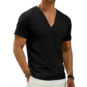 Detail view of men's casual black V-neck short sleeve linen t-shirt in regular fit.