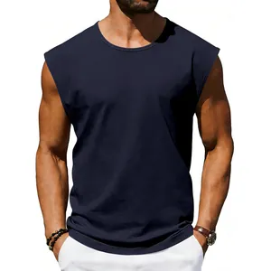 Detailed front view of a navy blue sleeveless cotton tank top for men with a relaxed fit