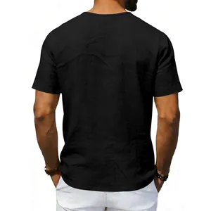 Back view of men's casual black linen short-sleeved shirt showing premium fabric texture