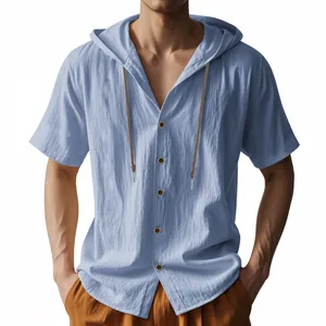 Detail of light blue mens linen short sleeve hooded shirt with button closure