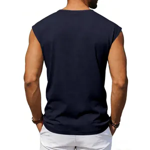 Macro view showing the back fit of a navy blue sleeveless casual tank top for men