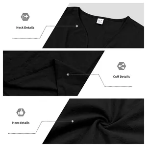 Detailed close-up views of neckline, cuff and hem on a black men's linen v-neck shirt.