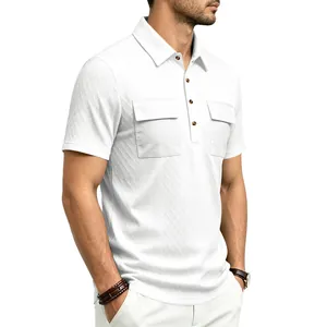 Detail of white jacquard men's polo shirt showing chest pockets and texture