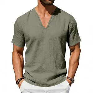 Detail view of olive green men's V-neck linen shirt showing natural fabric texture