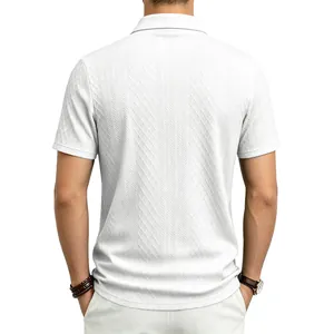 Back view of a white men's short-sleeve polo shirt with textured jacquard pattern
