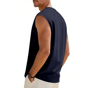 Detailed side profile view of navy blue men's sleeveless tank top with loose athletic fit