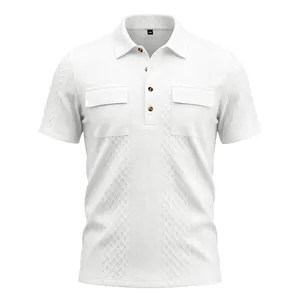 Detailed close-up view of a white textured jacquard polo shirt with double chest pockets