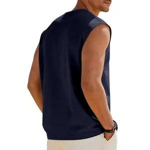 Back view of men's loose navy blue sleeveless tank top with a comfortable round neck