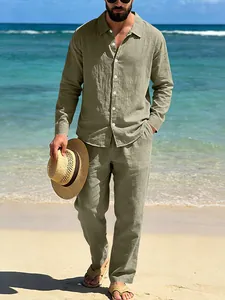 Men's olive green linen beach set with long sleeve button-down shirt and loose trousers