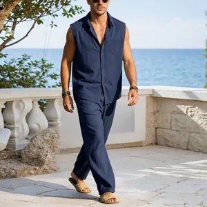 Breathable navy blue linen sleeveless shirt and casual pants set for resort vacation