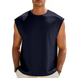 Detailed view of men's navy blue sleeveless tank top with relaxed fit and crew neck design