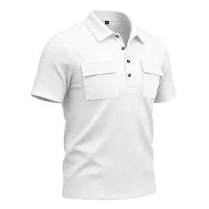White jacquard polo shirt for men featuring dual chest pockets and workwear details.