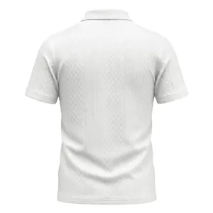 Back view of men's white short sleeve polo shirt with textured jacquard pattern