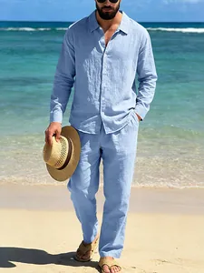 Men's light blue linen casual beach set featuring a long-sleeve shirt and matching trousers