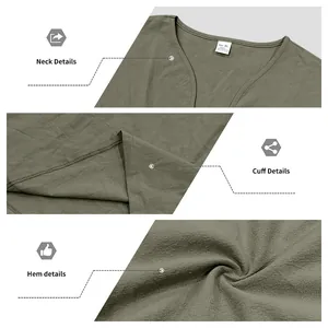 Detailed views showing the v-neck, cuff, and hem textures of a green linen casual shirt