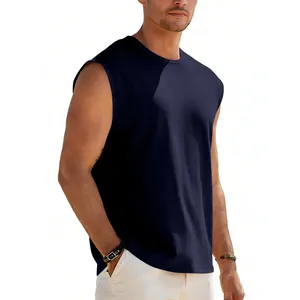 Detail view of a men's navy blue sleeveless tank top with loose fit crew neck