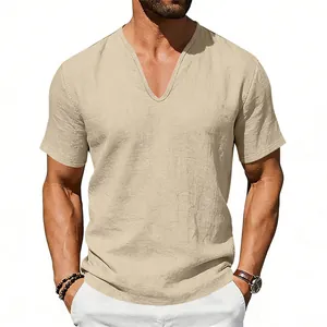 Detail view of a men's khaki linen V-neck short-sleeved casual shirt with textured fabric.
