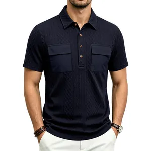 Detail of men's navy blue jacquard polo shirt with workwear pockets and lapel collar