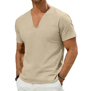 Macro detail of men's casual V-neck short-sleeved linen t-shirt in a breathable khaki fabric