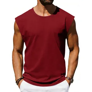 Close-up of men's sleeveless maroon tank top with relaxed round neck and casual fit