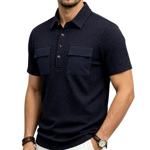 Close-up detail of navy blue jacquard knit polo shirt with two chest utility pockets