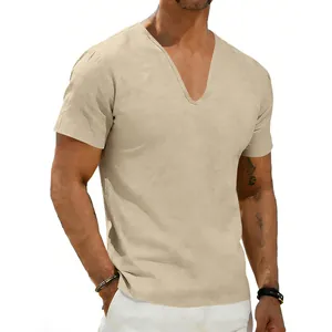 Detail of a men's casual V-neck linen short-sleeved shirt in a stylish beige color