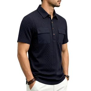 Detail view of navy jacquard polo shirt with dual chest flap pockets and button collar
