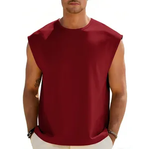 High-quality detail view of a men's dark red sleeveless casual sports vest with crew neck