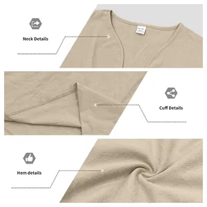 Detailed macro shots of neck, cuff, and hem on a men's beige linen-texture shirt