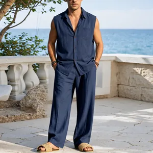 Full-body detail of men's navy blue linen sleeveless shirt and matching trousers set