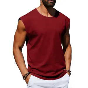 Detail view of men's loose burgundy sleeveless tank top with a casual round neck