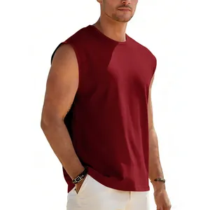 Detail shot of a minimalist men's loose fit sleeveless tank top in dark red color