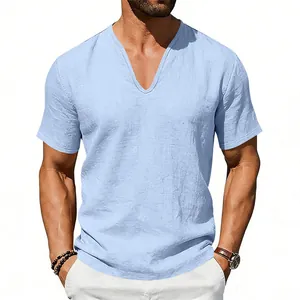 Front view of light blue V-neck linen shirt with short sleeves on male model