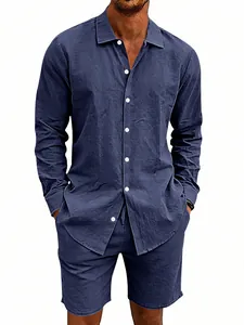 Men's casual linen two-piece set with long-sleeve button-down shirt and shorts in navy