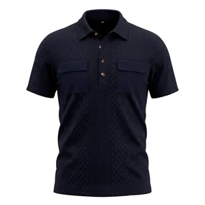 Detail view of navy blue jacquard knit polo shirt featuring two chest flap pockets