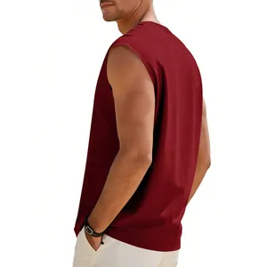 Side view of a men's breathable dark red sleeveless crew neck casual sports tank top