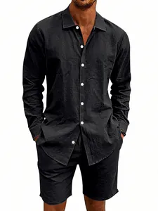 Men's summer casual linen two-piece set with long-sleeved shirt and shorts in black