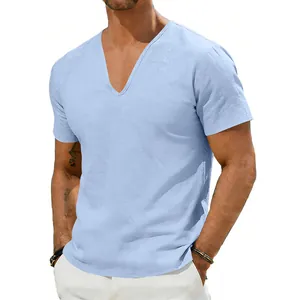 Macro detail view of a men's light blue casual V-neck linen short sleeve summer t-shirt.