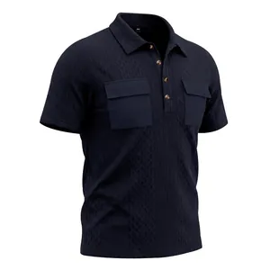 Detailed macro view of a navy jacquard knit polo shirt featuring flap chest pockets