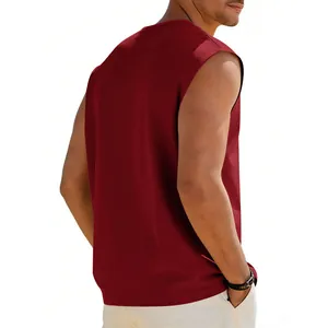 Back view of a men's loose burgundy sleeveless tank top with crew neck design