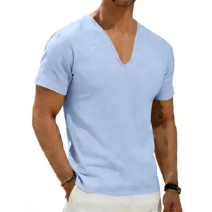 Close-up of men's light blue casual linen shirt with a stylish deep V-neck