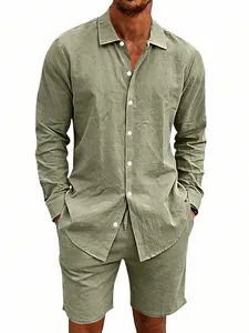 Men's sage green linen long sleeve shirt and matching shorts set for casual summer wear