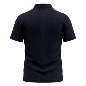 Detailed back view of a navy blue men's jacquard polo shirt showing intricate textured patterns