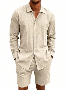 Comfortable men's summer linen casual set with long sleeve button shirt and shorts