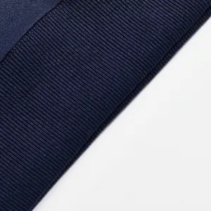 Macro view of navy blue ribbed cuff texture on a heavy warm fleece-lined sweatshirt detail